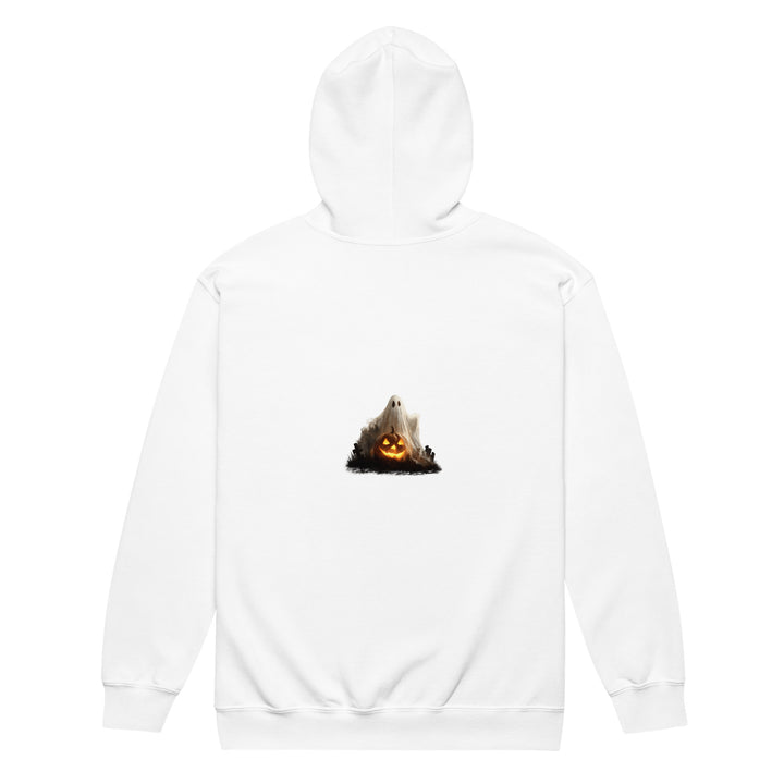 White fleece hoodie with Halloween ghost and pumpkin