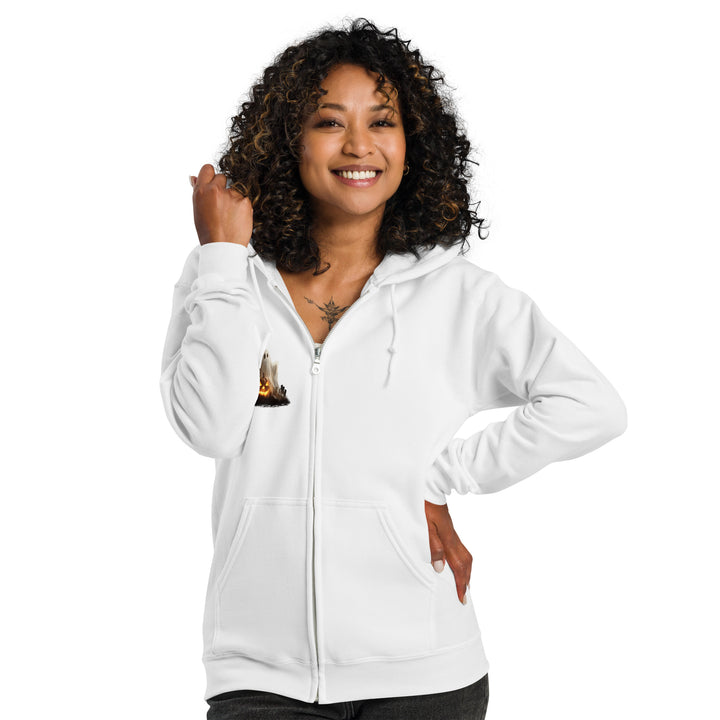 White unisex zip hoodie with soft fleece and front pockets