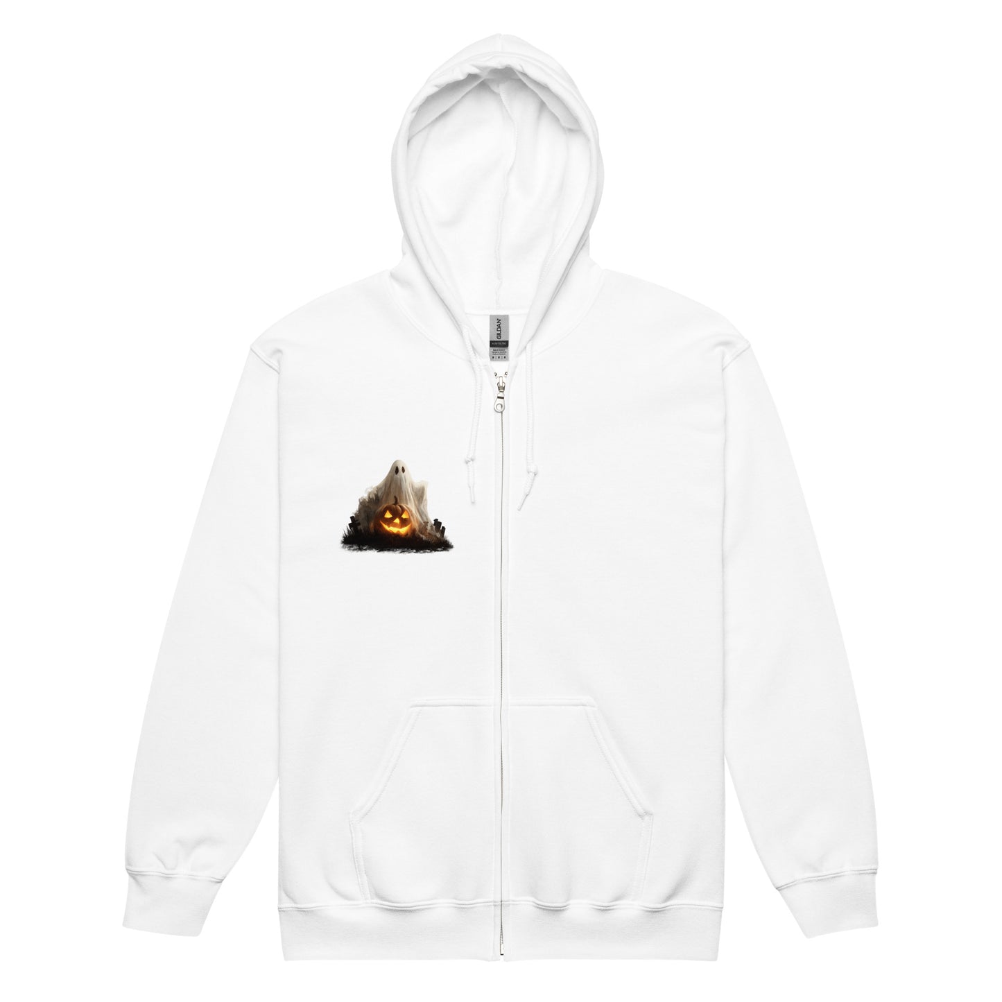 White zip hoodie with ghost and pumpkin design