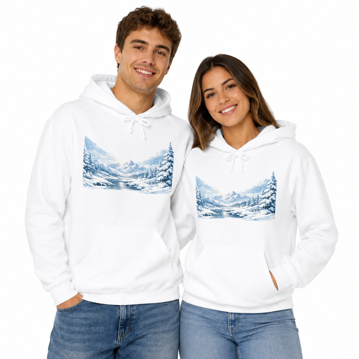 Unisex heavyweight white hoodie shown on a man and woman with winter landscape print on a clean white studio background