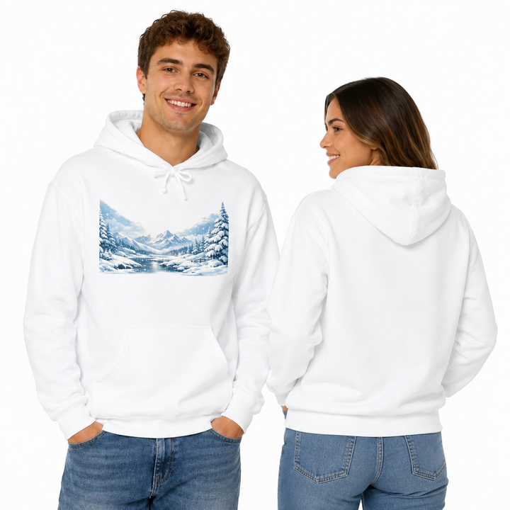 Unisex heavyweight white hoodie shown from the printed front and plain back on male and female models against white