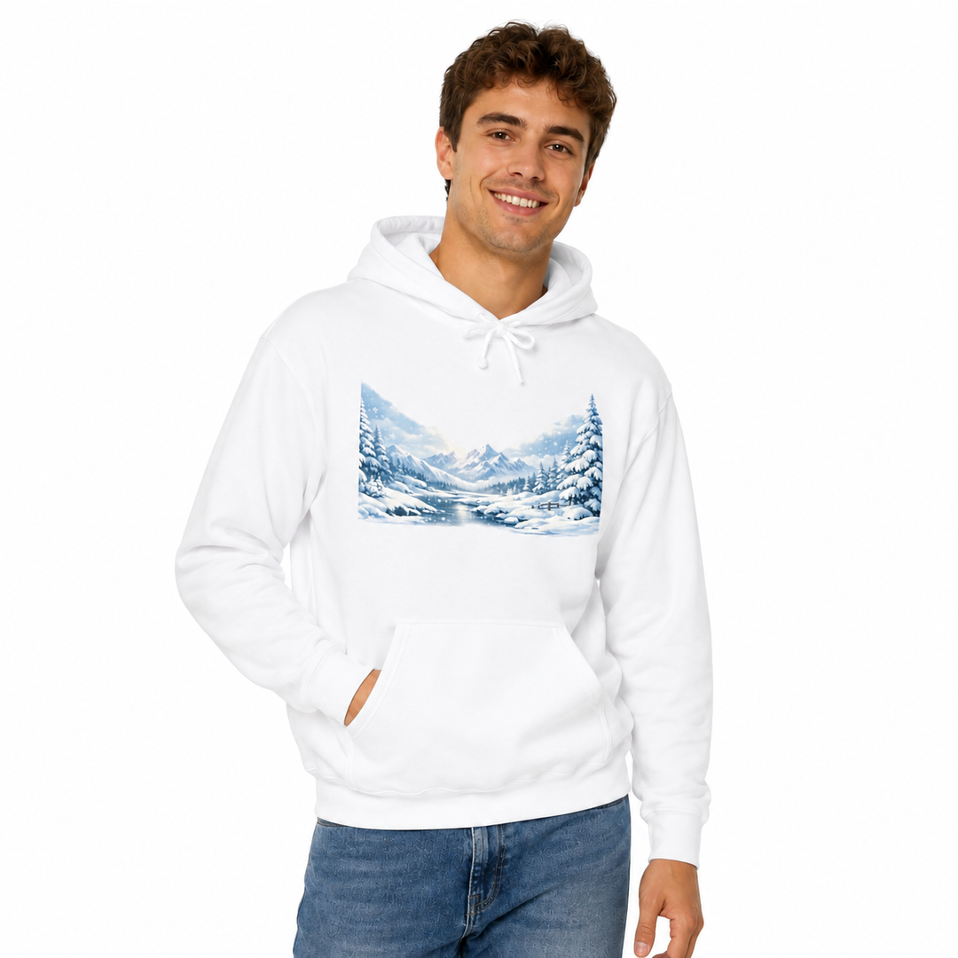 Man modeling the unisex heavyweight white hoodie in a three-quarter studio pose with winter landscape chest print visible