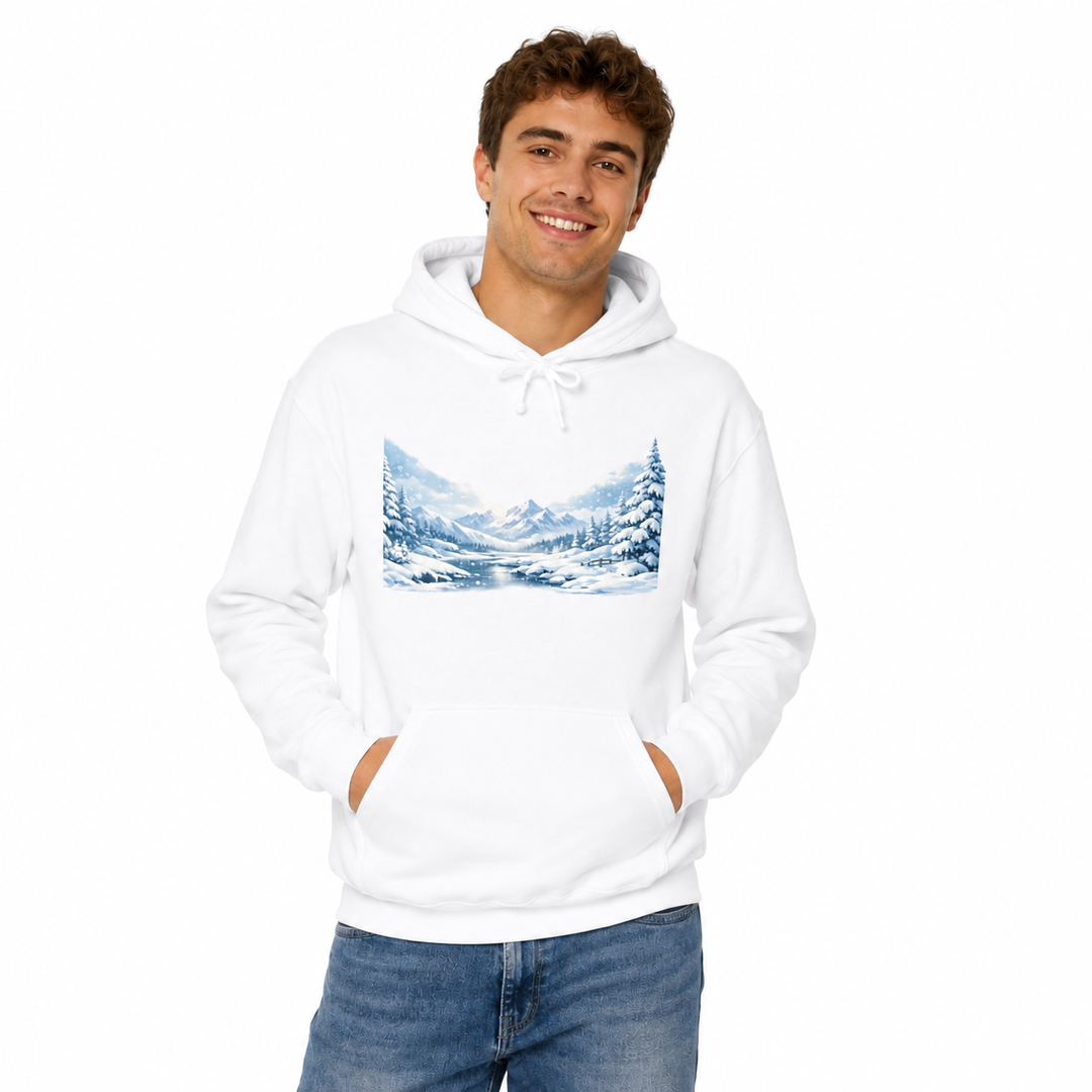 Man wearing the unisex heavyweight white hoodie with winter landscape print in a clean front-facing studio product image