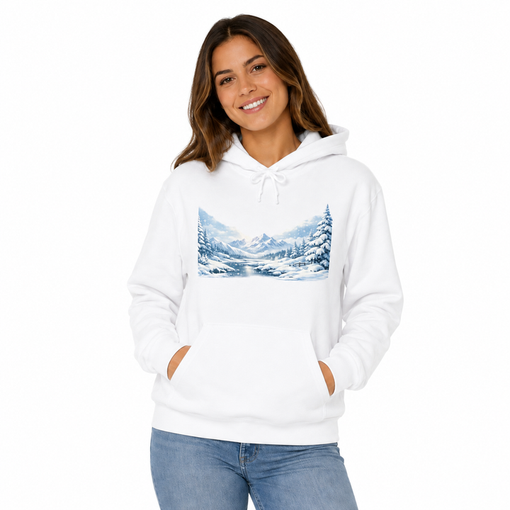 Woman wearing the unisex heavyweight white hoodie with winter landscape print in a clean front-facing studio product image