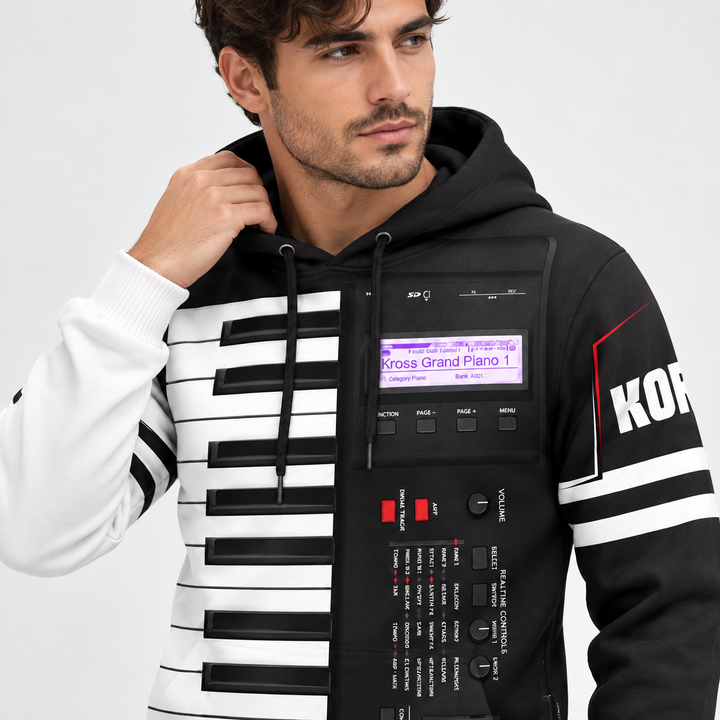 Feature close-up of the unisex keyboard print hoodie showing the hood, drawstrings, sleeve stripes and visible chest details.