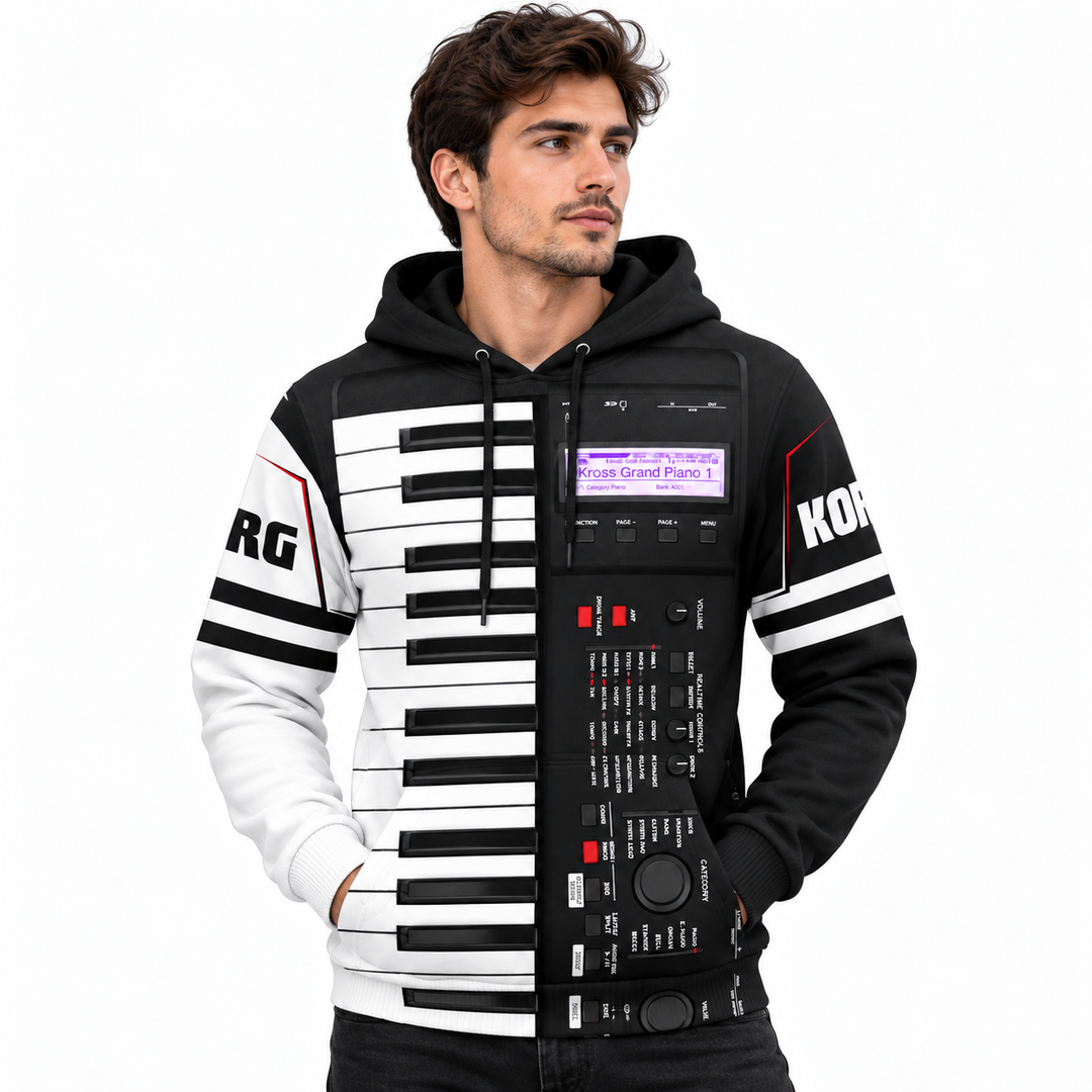 Commercial hero image of a male model wearing the unisex keyboard print hoodie with the full music-inspired front design shown