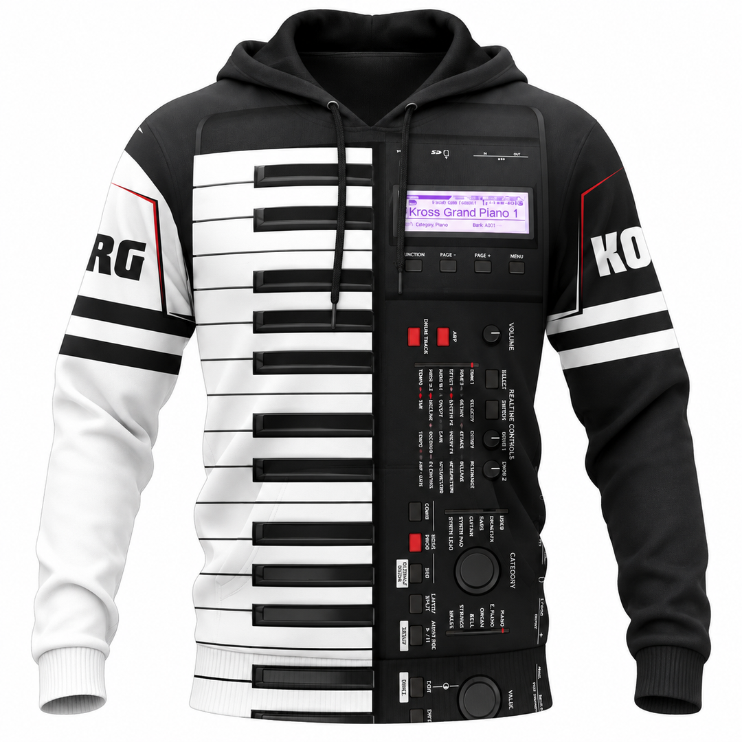 Unisex keyboard print hoodie shown from the front on white studio background with black and white music graphic details view.