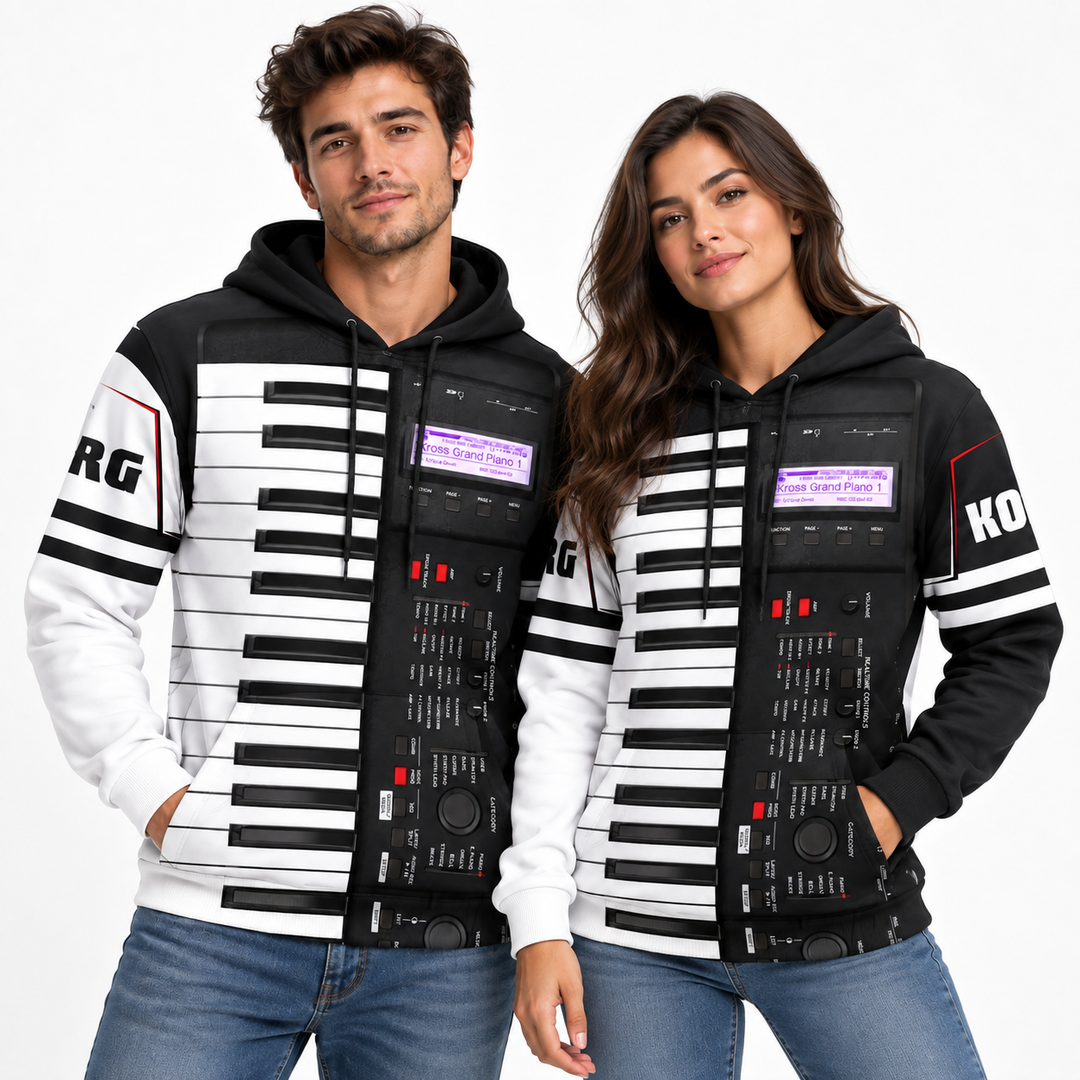 Male and female models wearing the same unisex black and white keyboard print hoodie together in a clean studio campaign view.