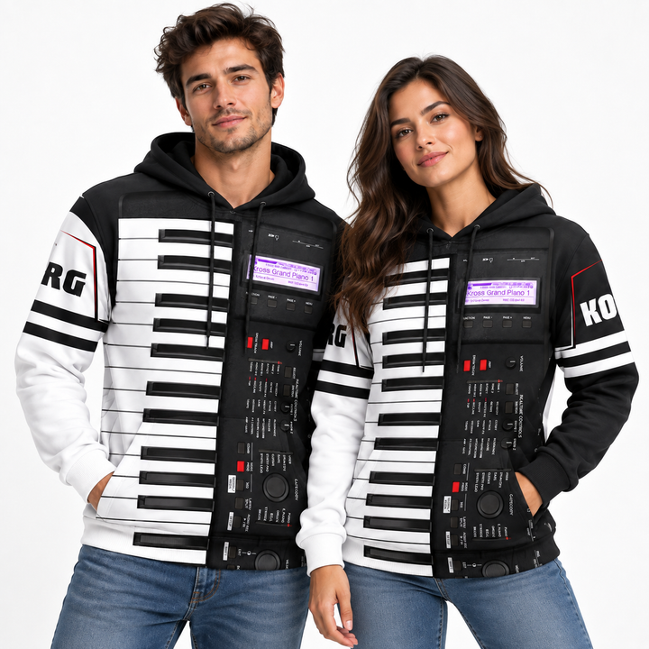 Male and female models wearing the same unisex black and white keyboard print hoodie together in a clean studio campaign view.