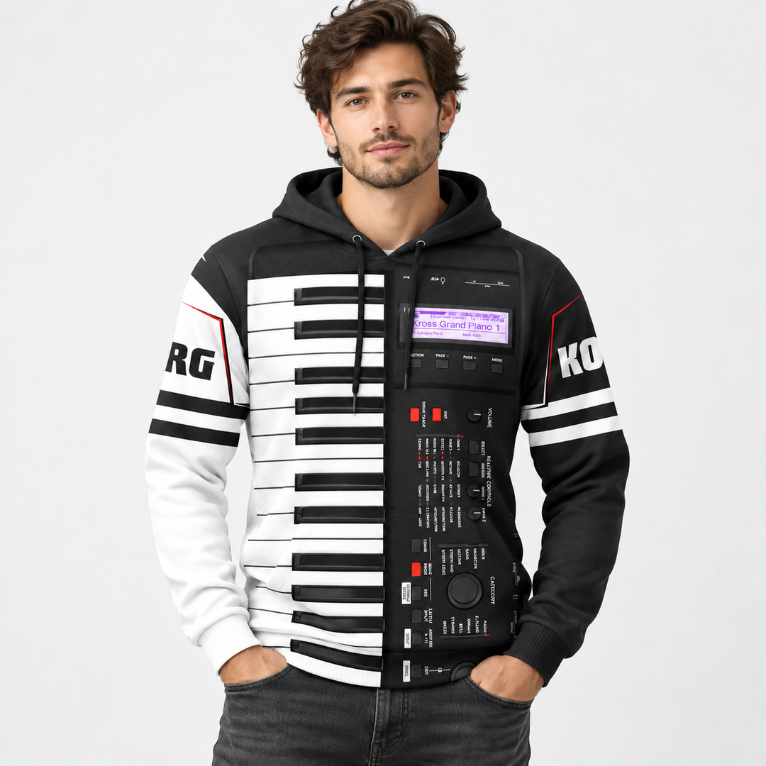 Male model wearing the unisex keyboard print hoodie in a clean studio setting with the complete front graphic clearly visible