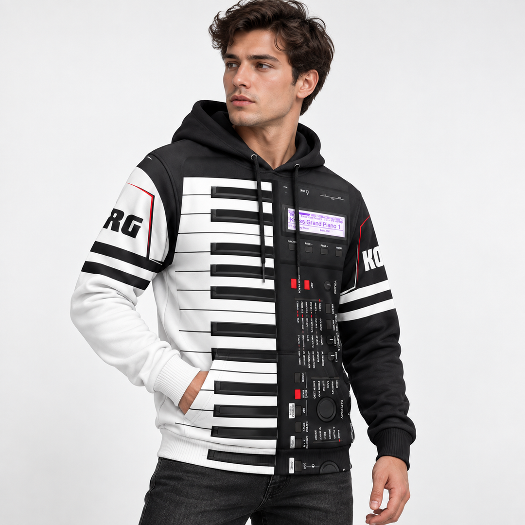 Three-quarter view of a male model wearing the unisex keyboard print hoodie showing its silhouette, hood and sleeve graphics.