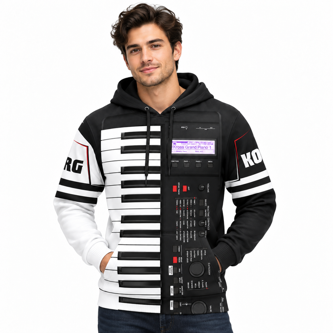 Male model wearing the verified black and white keyboard print hoodie variant in a clean studio setting with full front view.