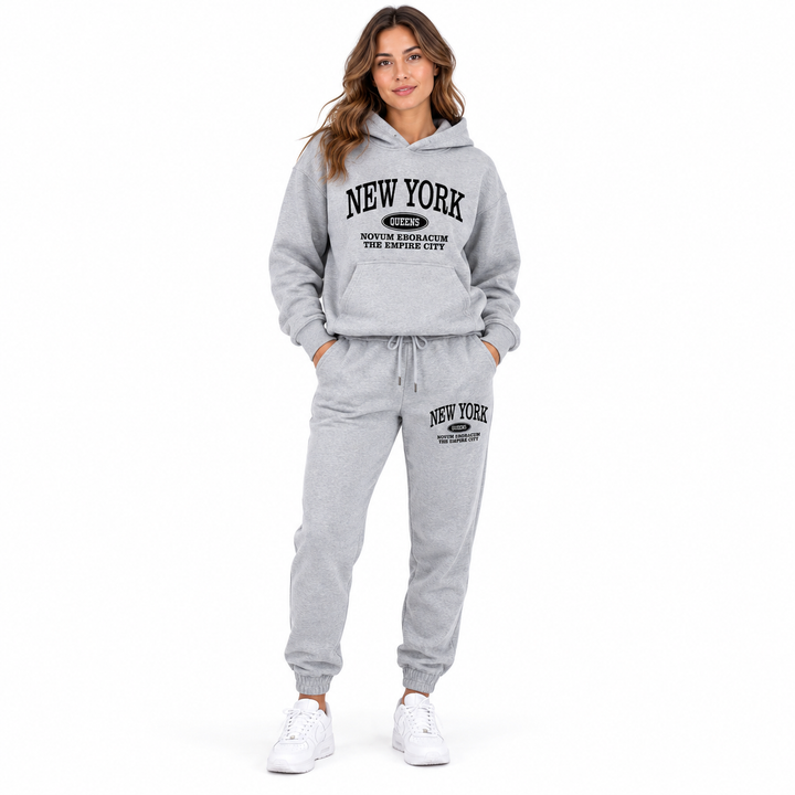 Heather gray New York Queens sweatsuit shown on a female model