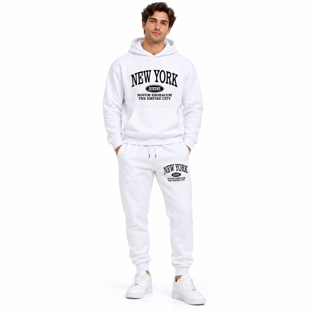 White New York Queens hoodie and jogger set on a female model