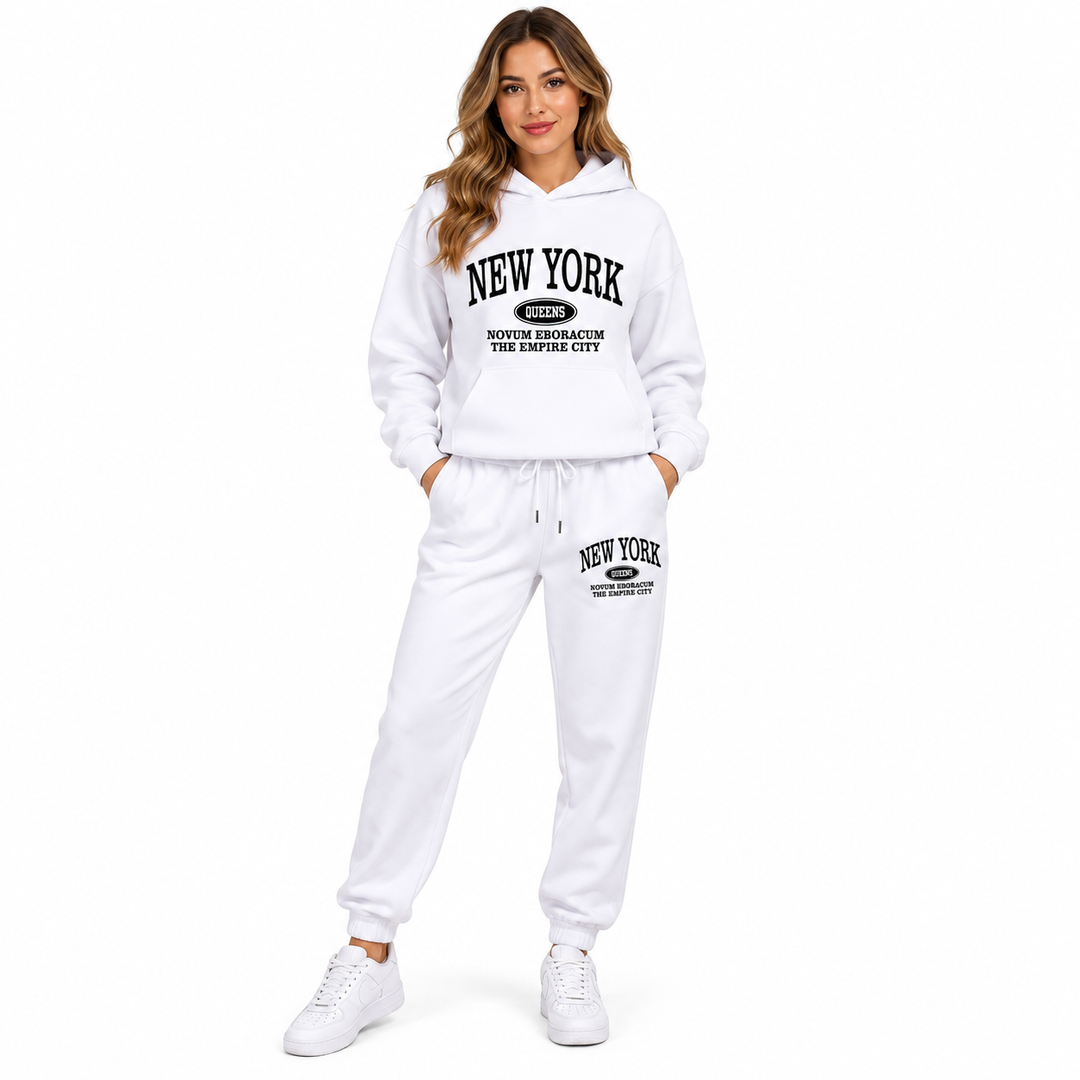 White New York hoodie and jogger set product view