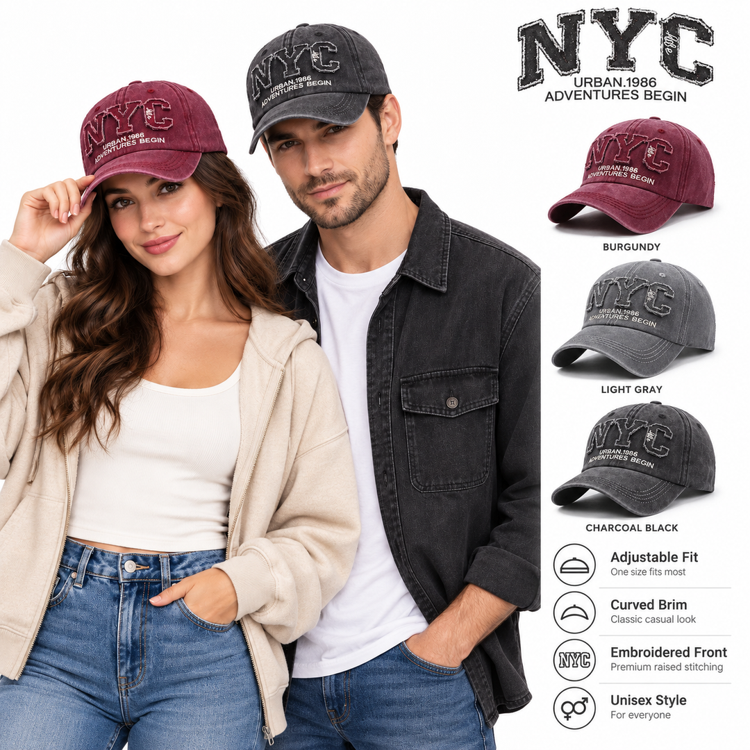 Unisex NYC baseball cap feature guide with woman and man models plus burgundy, gray and charcoal cap views on white.