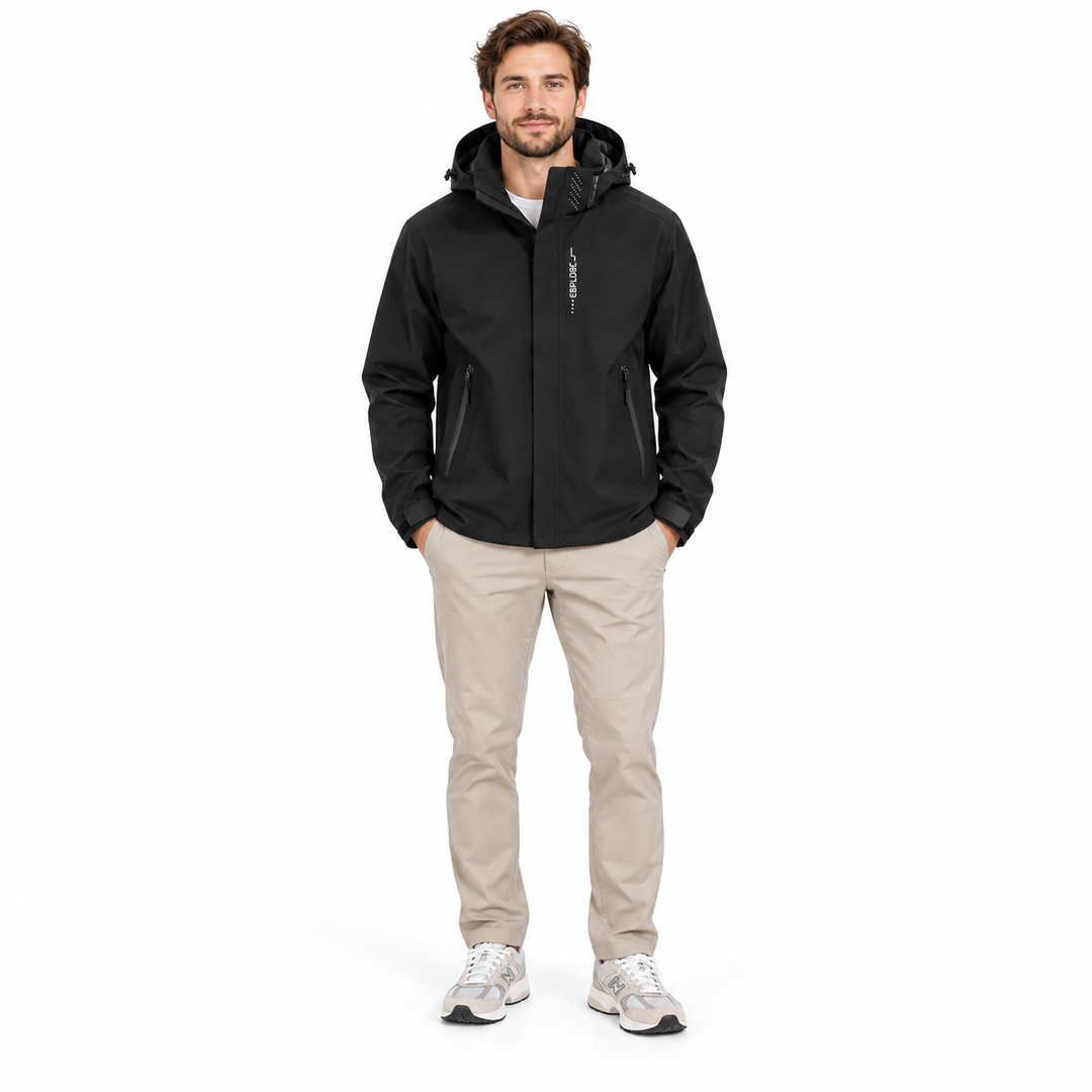 Black hooded jacket worn by a man in a full-length front view