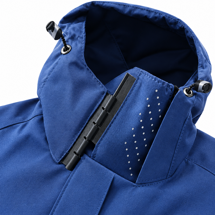 Dark blue collar close-up showing the zipper, dotted detail and stitching