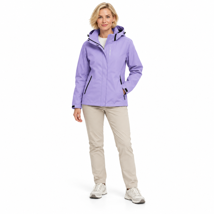 Purple hooded jacket worn by a short-haired blonde woman