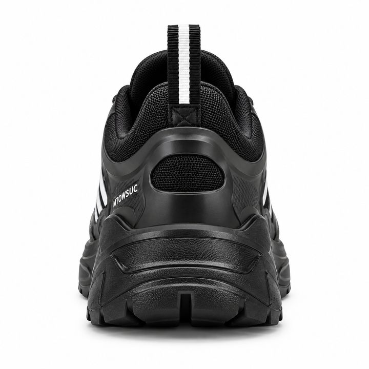 Rear view of Black / White unisex safety shoes showing heel construction and pull tab