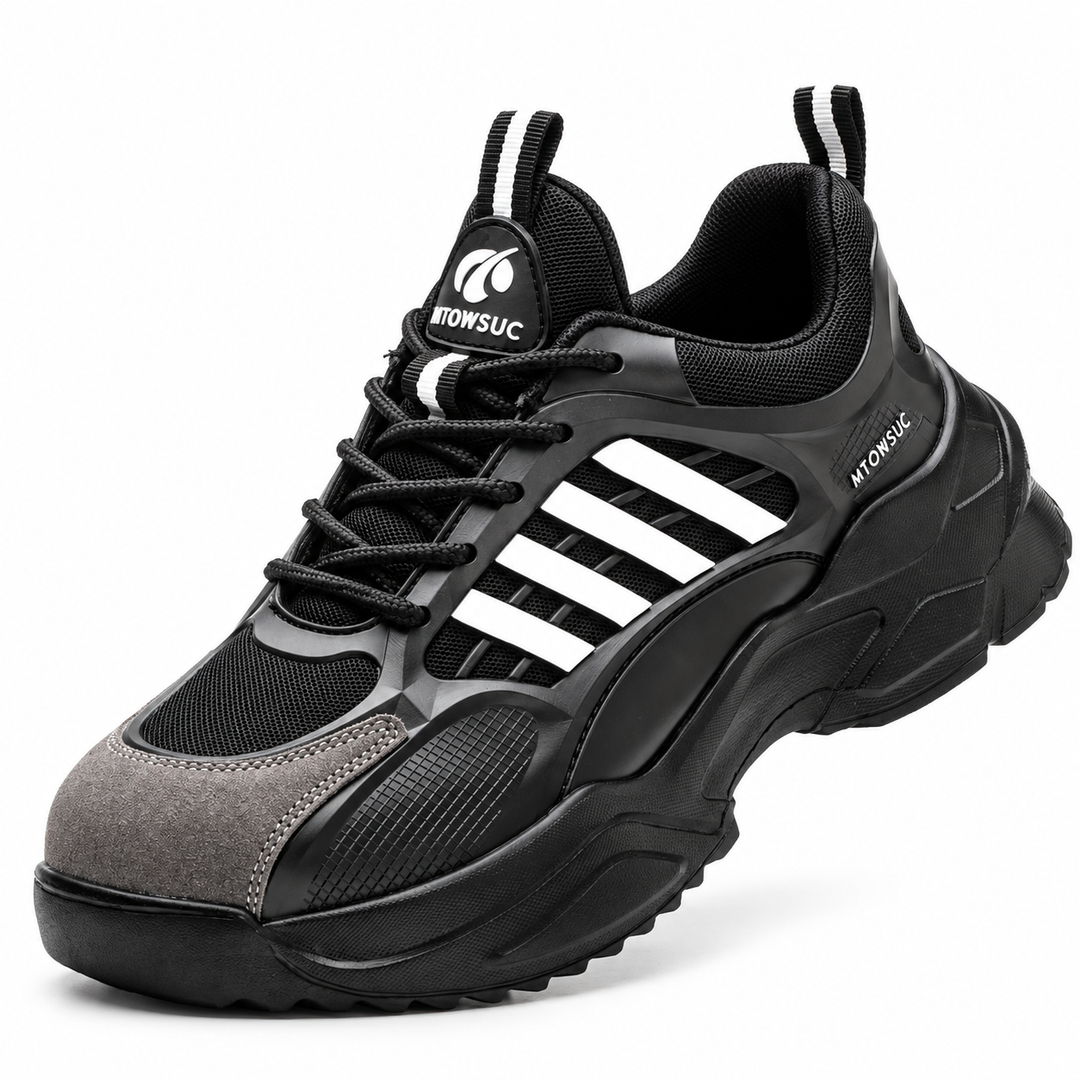 Unisex safety shoes in Black / White shown in a clean three-quarter studio view