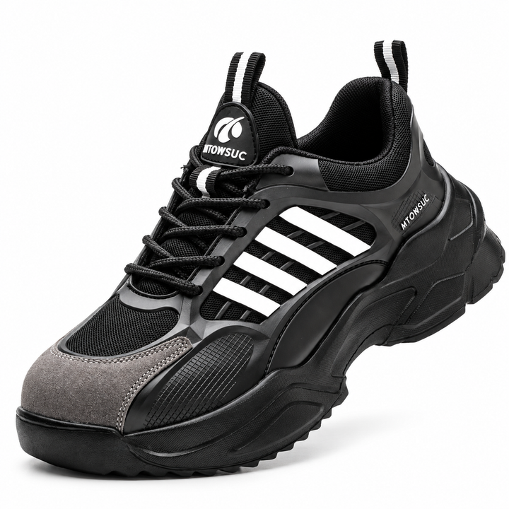 Unisex safety shoes in Black / White shown in a clean three-quarter studio view