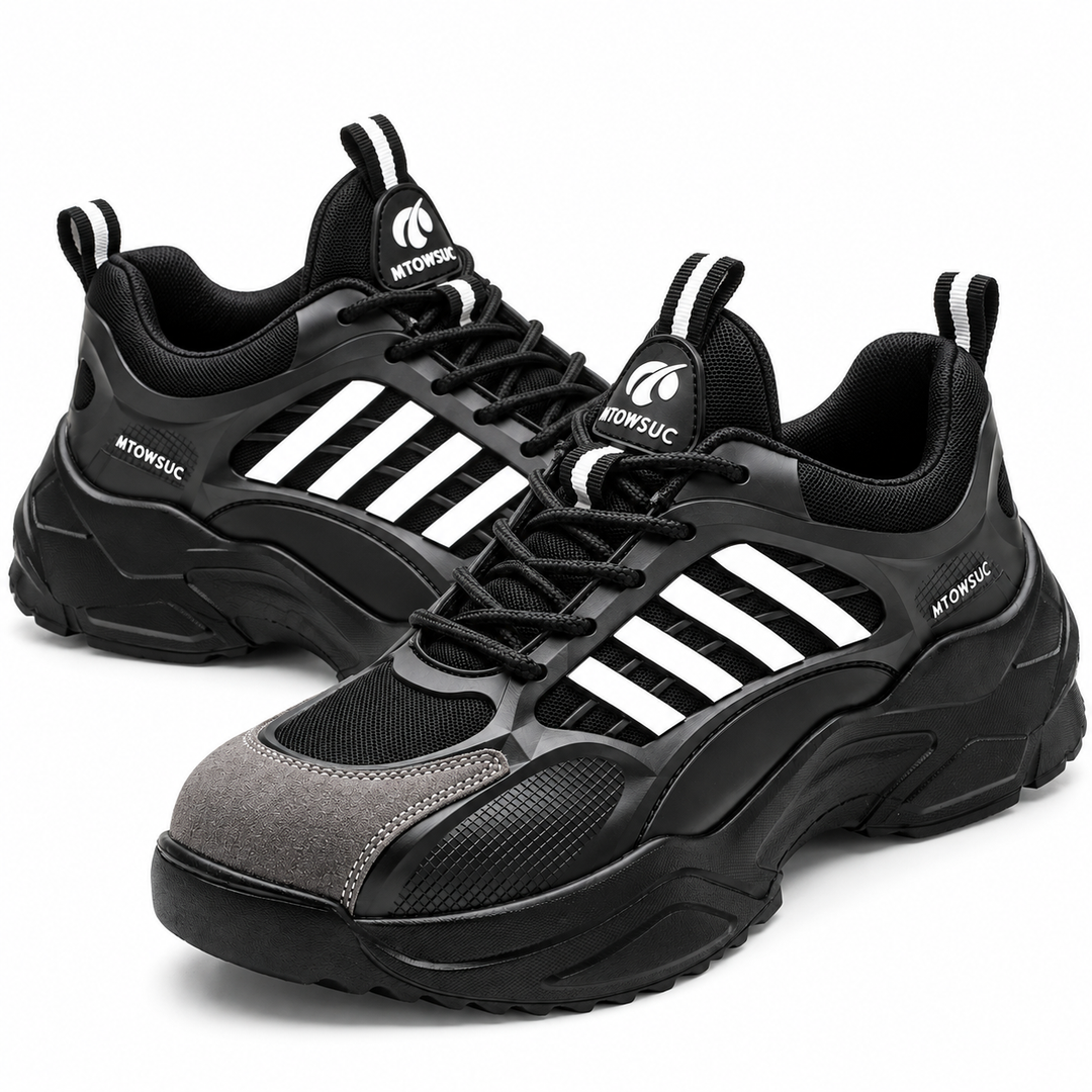 Pair of Black / White unisex safety shoes shown together on a clean white background