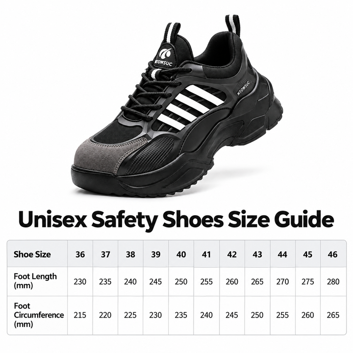 Unisex safety shoes size guide for sizes 36-46 with foot length and circumference in millimeters