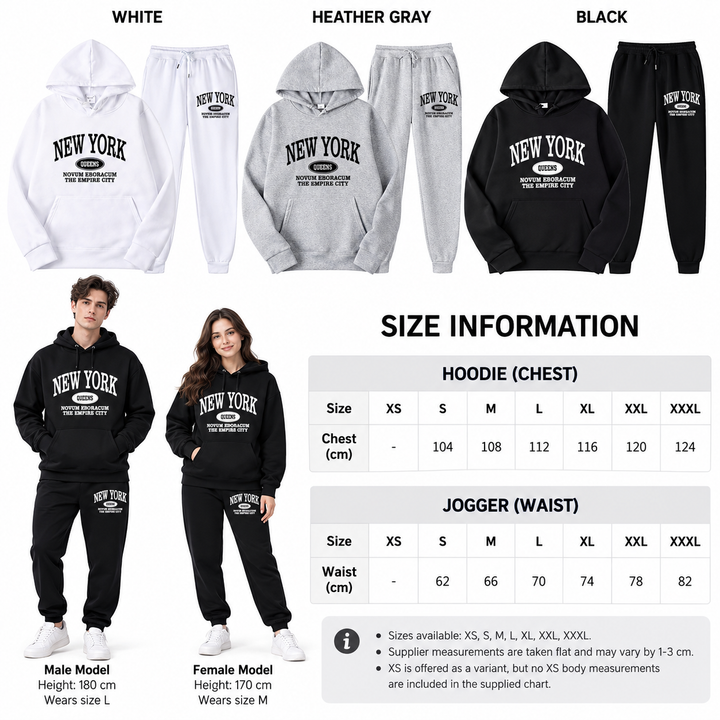Size chart for unisex hoodie and sweatpants set with sizes XS through XXXL
