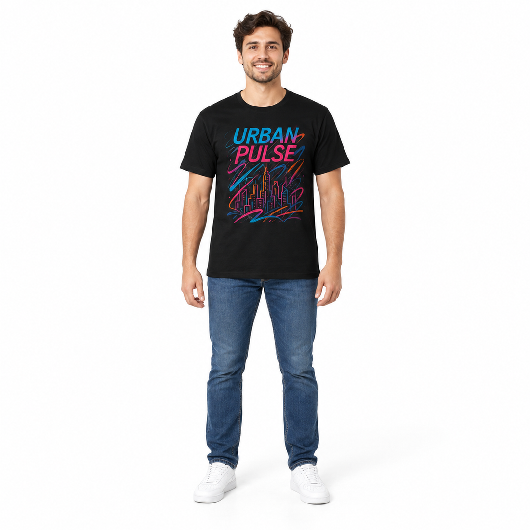 Unisex cotton t shirt in Solid Black with Urban Pulse print, front view on a full-length male model.