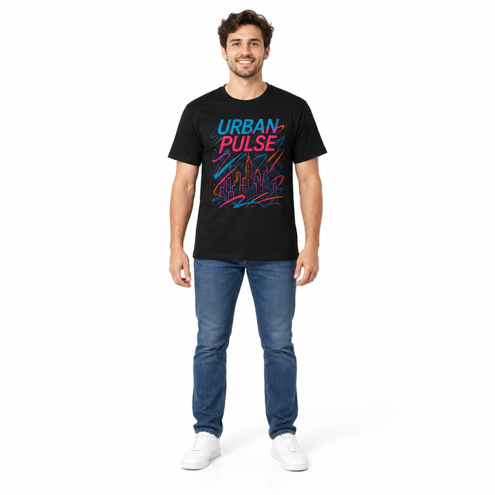 Unisex cotton t shirt in Solid Black with Urban Pulse print, front view on a full-length male model.