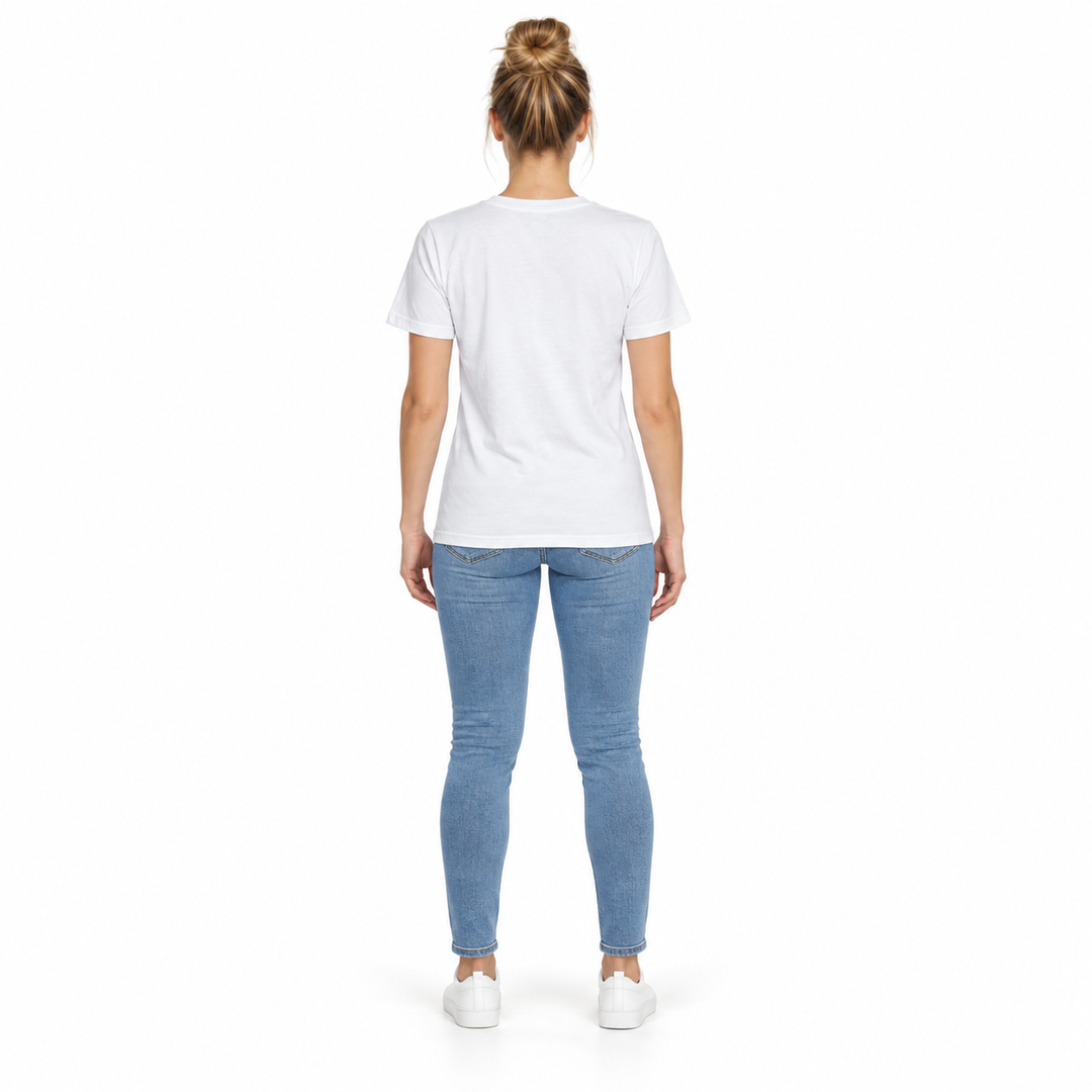 Solid White Urban Pulse tee with a plain back, worn by a full-length female model.