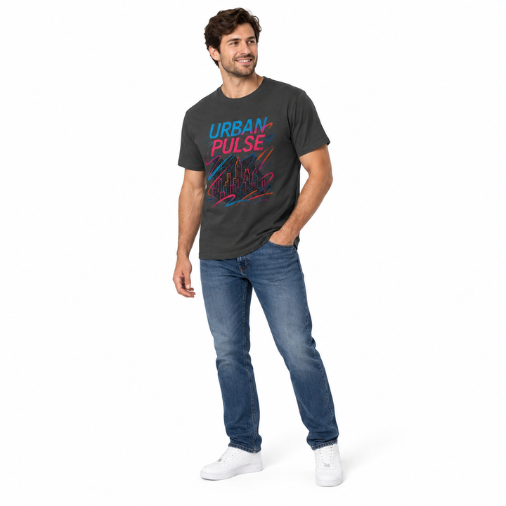 Solid Heavy Metal Urban Pulse tee, three-quarter view on a full-length male model.