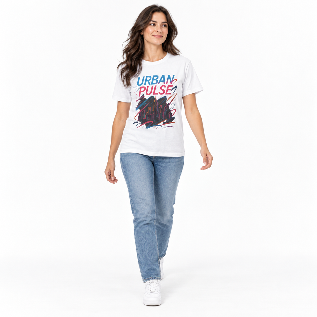 Solid White Urban Pulse tee styled with jeans on a full-length female model in a walking pose.