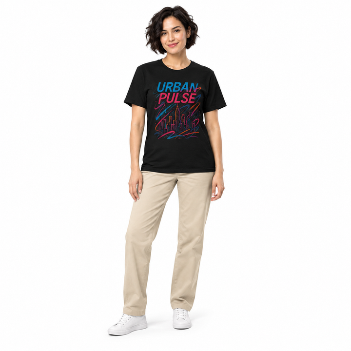Solid Black Urban Pulse tee worn with beige trousers by a full-length female model.