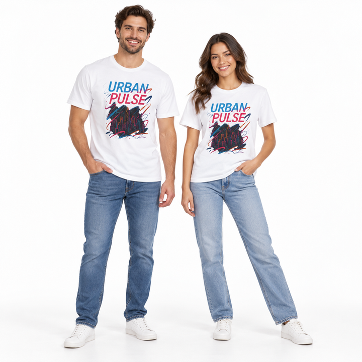 Unisex cotton t shirt in Solid White with Urban Pulse print, shown on two full-length adult models.