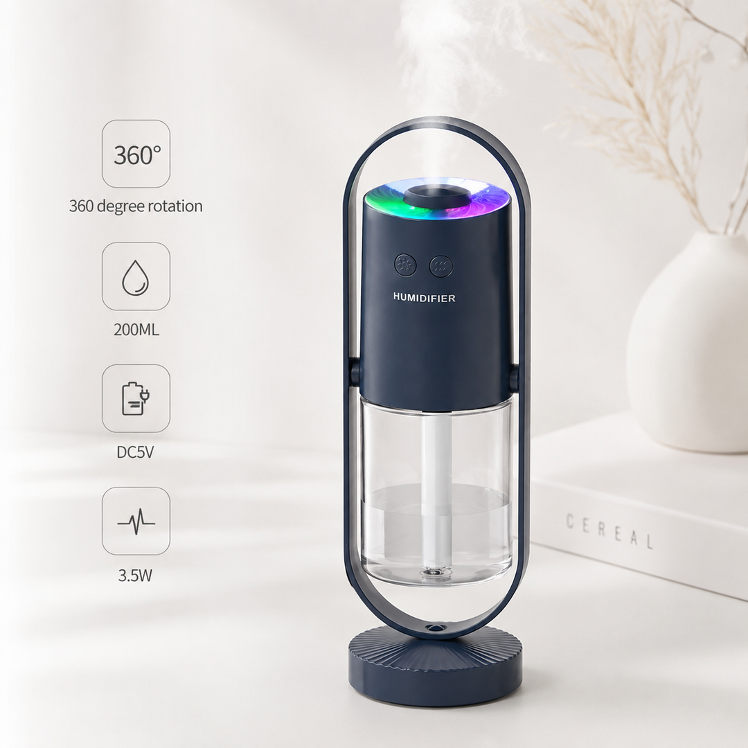 Dark blue humidifier hero image with mist, color lamp, transparent 200ML tank, rotating oval frame and clean interior setting