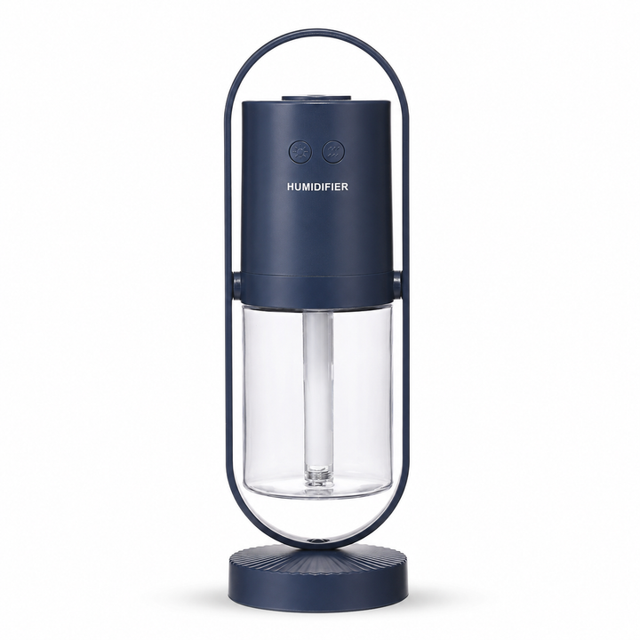 USB humidifier in blue with clear 200ML tank, oval rotating frame, control buttons and round base on white studio background.