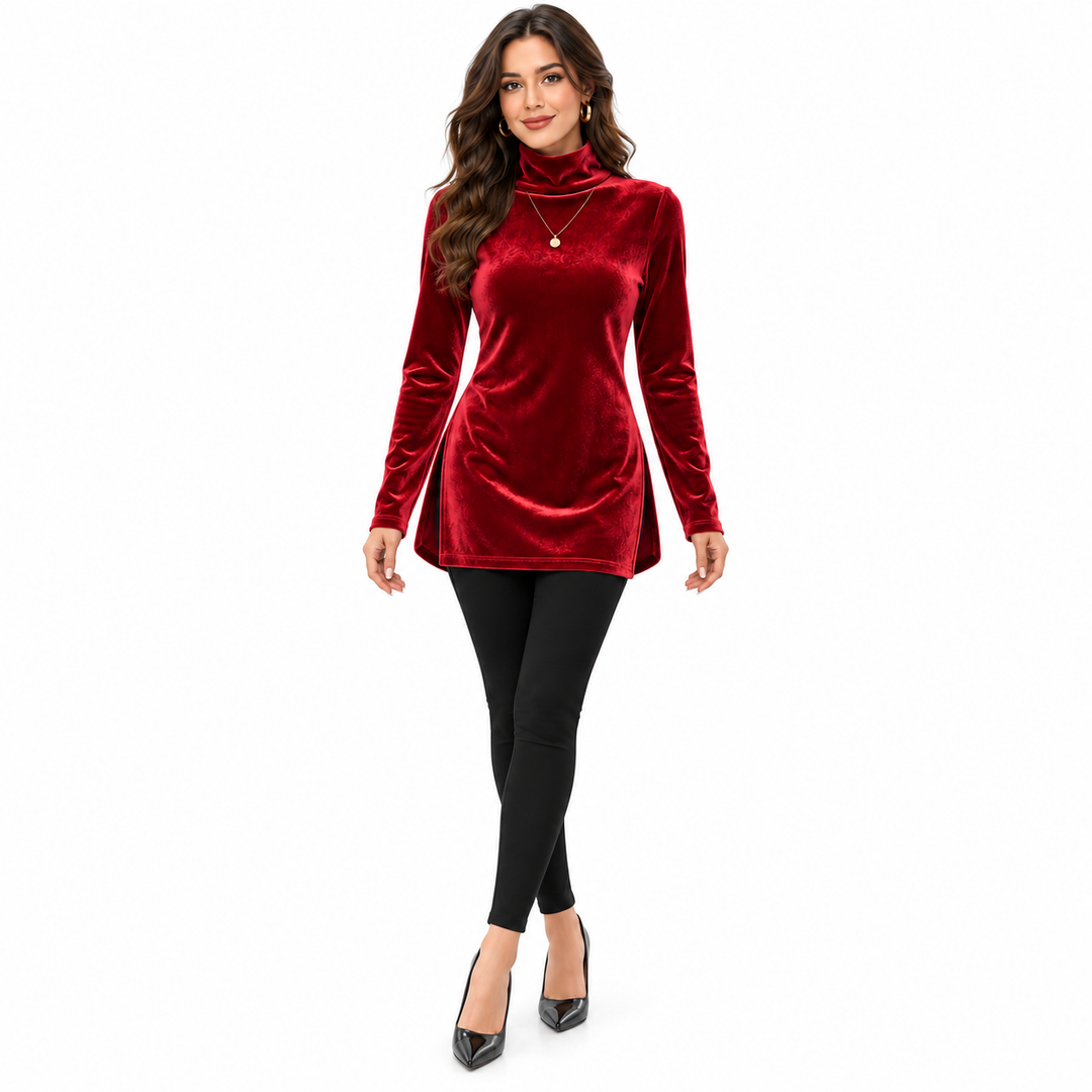Red velvet turtleneck top shown from the front on a model