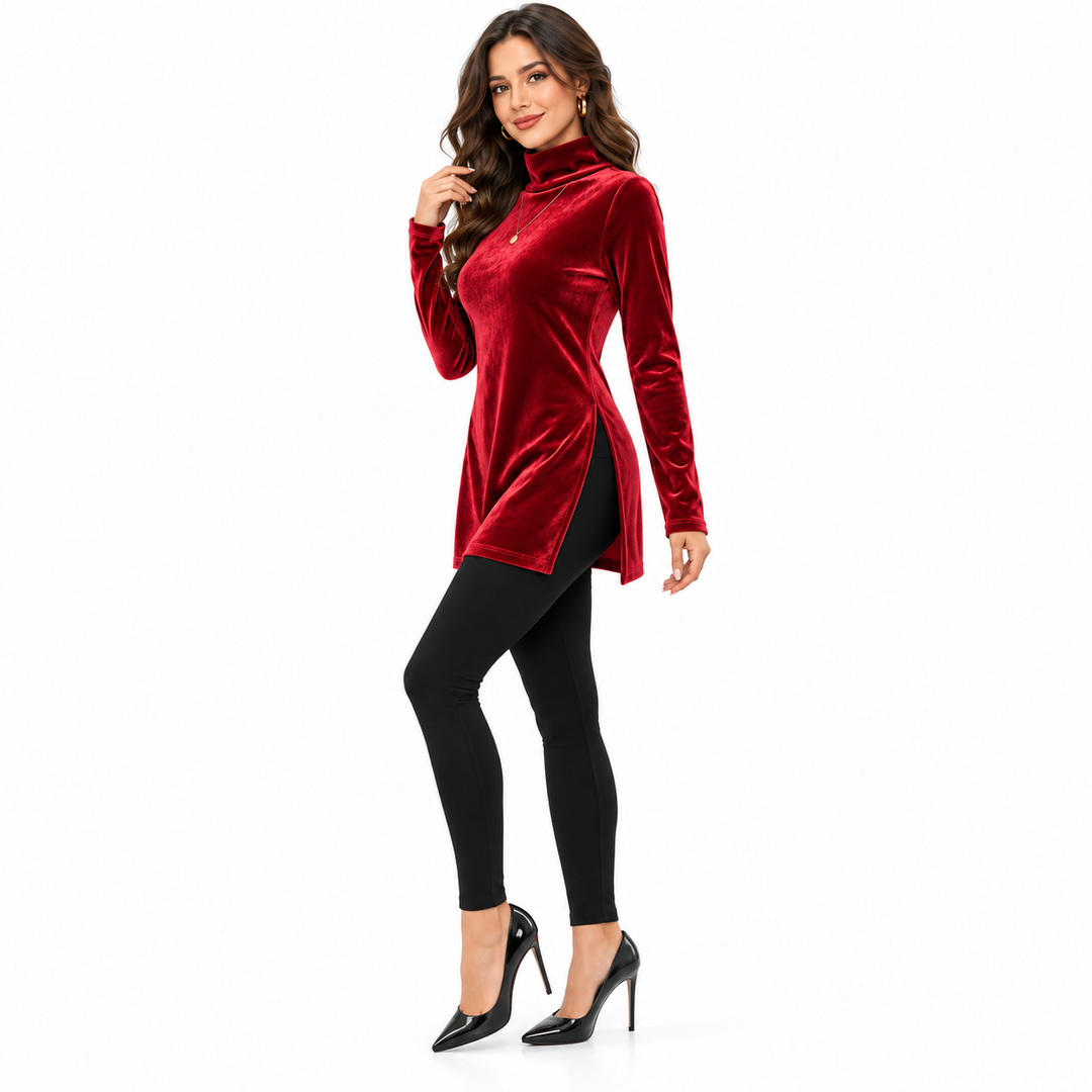 Red velvet tunic side view showing the long sleeve and side slit