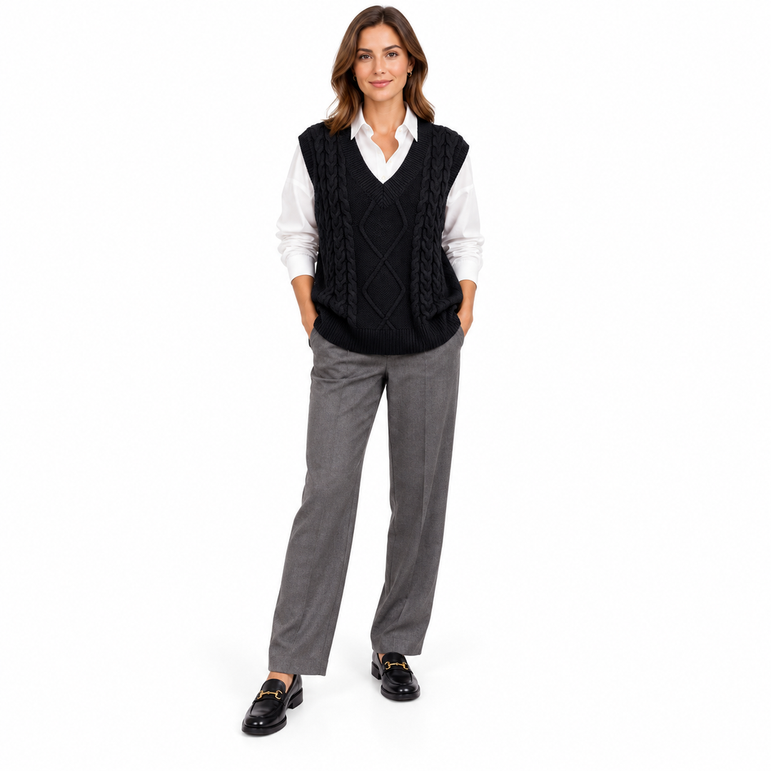 Black V-neck cable knit vest on a full-length model worn over a white collared shirt with grey trousers and loafers in studio