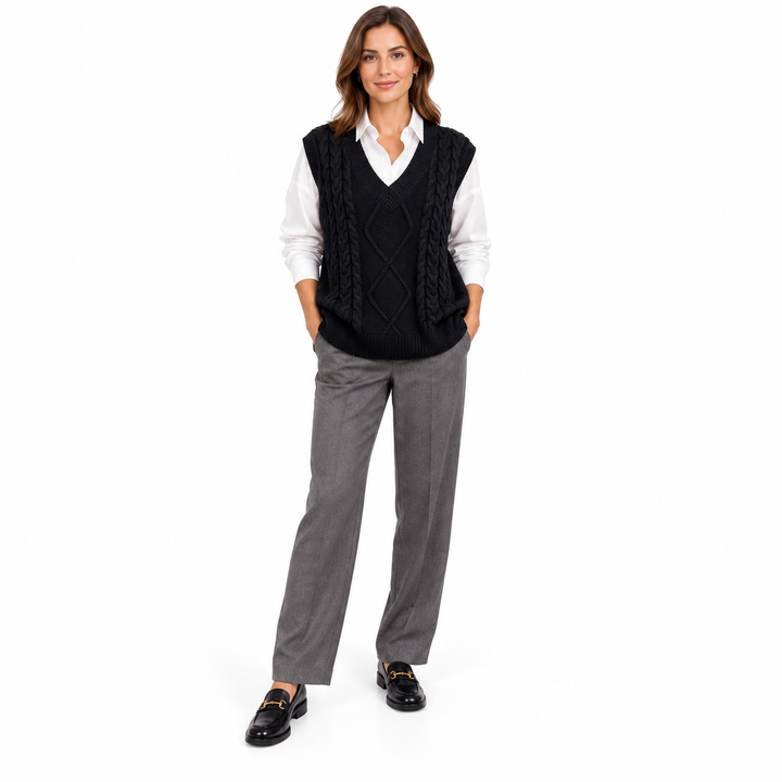 Black V-neck cable knit vest on a full-length model worn over a white collared shirt with grey trousers and loafers in studio