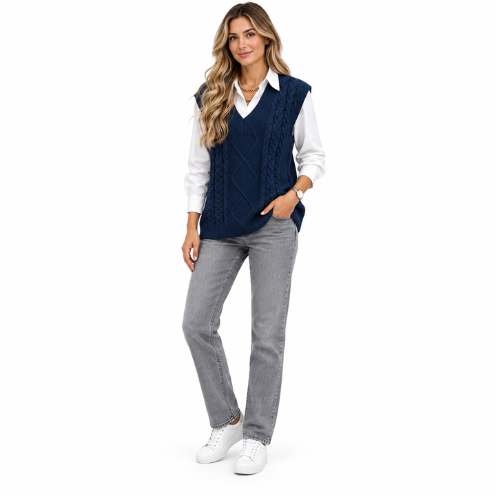 Navy Blue sleeveless cable knit vest on a full-length model in a shallow front angle with a white shirt, grey jeans and shoes