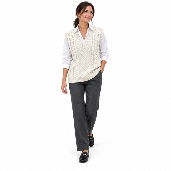 Cream White V-neck knit vest on full-length model walking, with a white shirt and charcoal trousers against a white backdrop.
