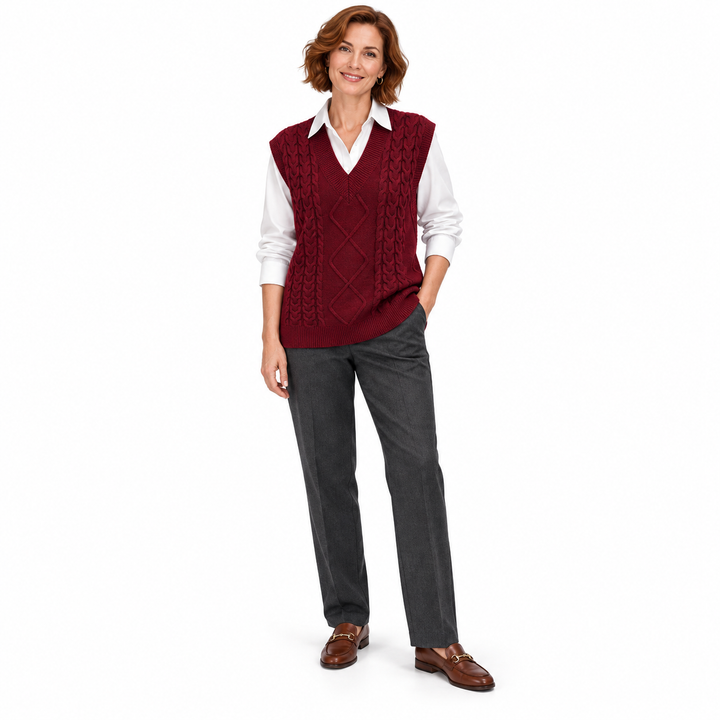Jujube Red sleeveless knit vest on an auburn-haired model shown full length with a white shirt, grey trousers and brown shoes