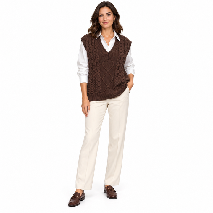 Coffee brown cable knit vest on a full-length model, with a white collared shirt, cream trousers and brown loafers in studio.