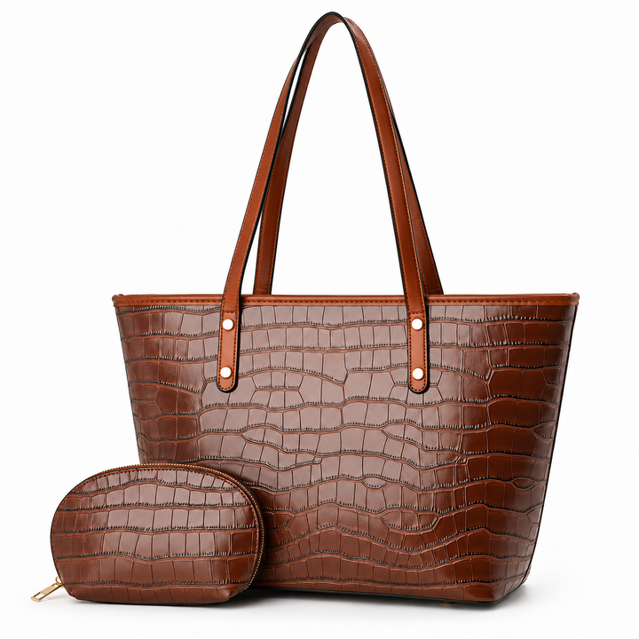 Brown crocodile-embossed tote bag shown from the back with matching zip pouch