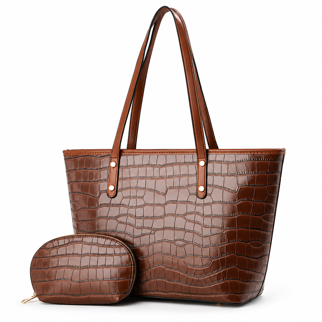 Brown crocodile-embossed tote bag with long handles and matching zip pouch