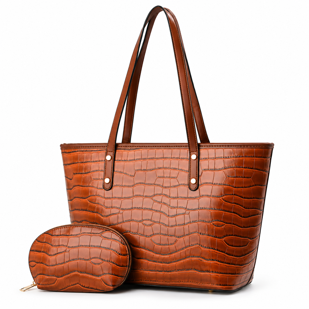 Warm khaki crocodile-embossed tote bag with brown handles and matching zip pouch