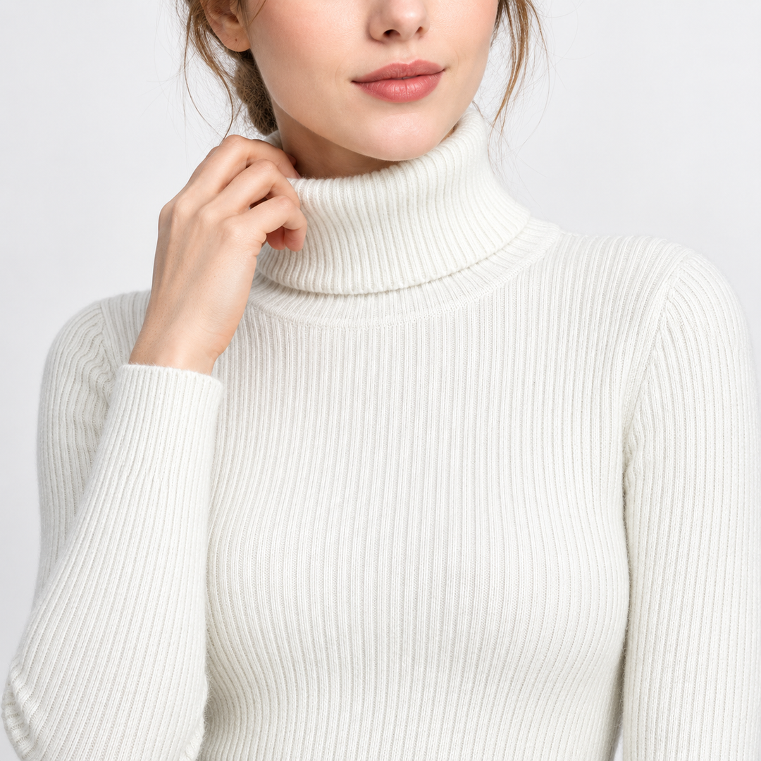 Macro view of the viscose knit texture and fine ribbing, showing the sweater&